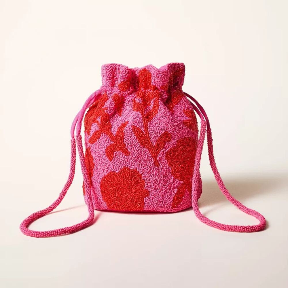 NWT Kate Spade x Target Beaded Floral Bucket‎ Bag Pink/Red Drawstring